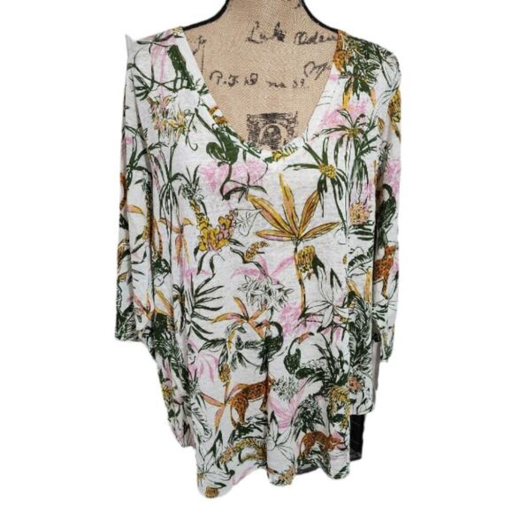 Rachel Zoe Womens 2X Linen Tropical Jungle Leopard Toucan V-Neck Tunic Top NWT